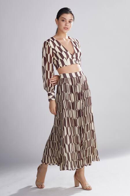 Koai_Brown Georgette Printed Crop Top_Online_at_Aza_Fashions