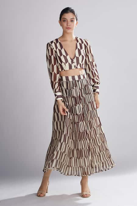 Buy_Koai_Brown Georgette Printed Crop Top_Online_at_Aza_Fashions