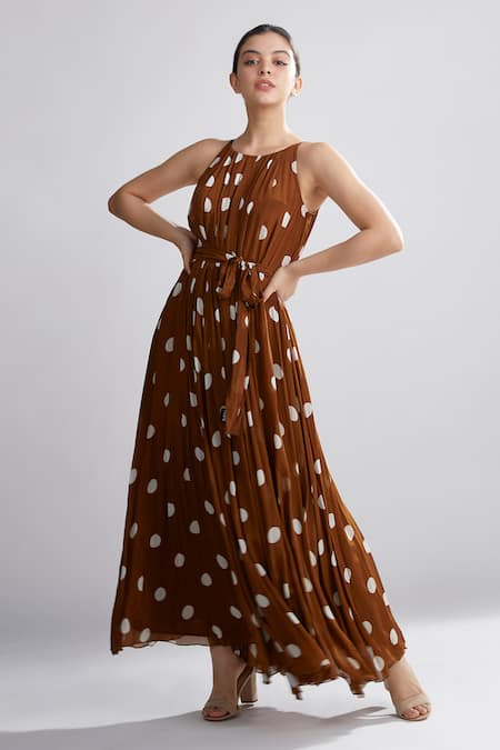 Koai_Brown Chiffon Polka Dot Print Pleated Maxi Dress _Online_at_Aza_Fashions