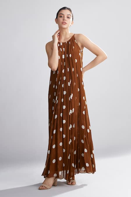 Buy_Koai_Brown Chiffon Polka Dot Print Pleated Maxi Dress _Online_at_Aza_Fashions