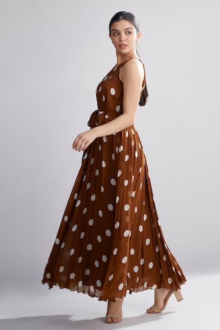 Shop_Koai_Brown Chiffon Polka Dot Print Pleated Maxi Dress _Online_at_Aza_Fashions