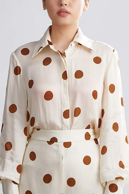 Shop_Koai_Beige Silk Polka Dot Print Shirt_Online_at_Aza_Fashions