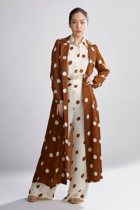 Shop_Koai_Brown Silk Polka Dot Print Trench Jacket_Online_at_Aza_Fashions