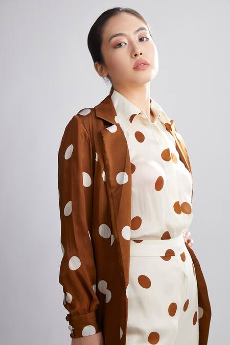 Koai_Brown Silk Polka Dot Print Trench Jacket_at_Aza_Fashions