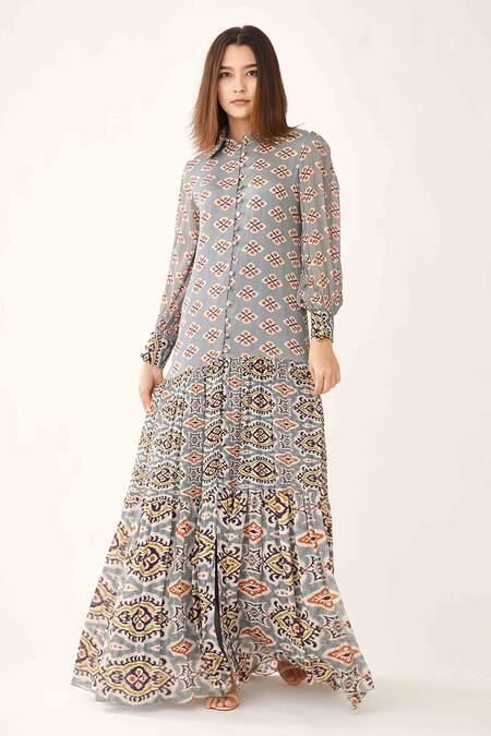 Koai Blue Chiffon Geometric Mandarin Collar Printed Frill Shirt Dress