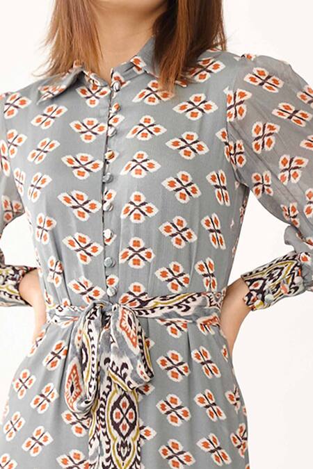 Buy Blue Chiffon Geometric Mandarin Collar Printed Frill Shirt
