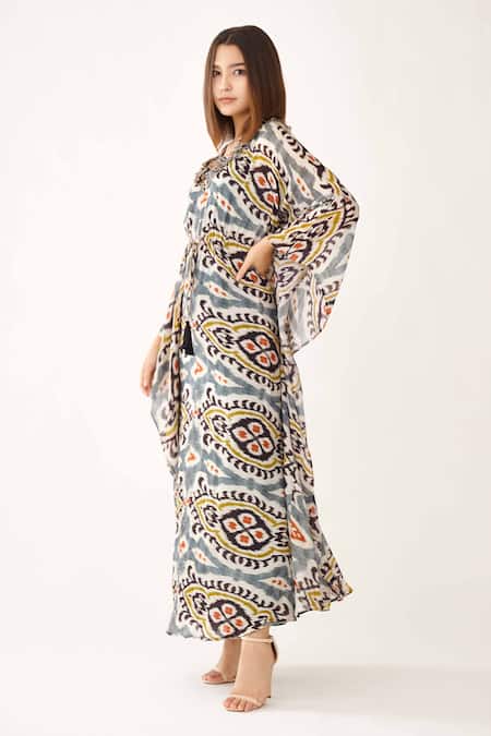 Koai_Blue Chiffon Dabu V Neck Print Kaftan_Online_at_Aza_Fashions
