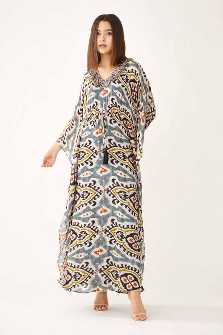 Buy_Koai_Blue Chiffon Dabu V Neck Print Kaftan_Online_at_Aza_Fashions