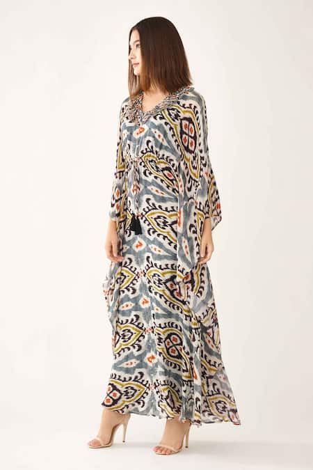 Shop_Koai_Blue Chiffon Dabu V Neck Print Kaftan_Online_at_Aza_Fashions