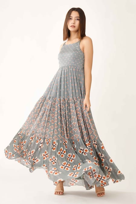 KoAi Blue Chiffon Printed Dabu Square Neck Tiered Dress 