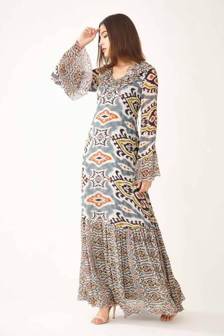 Koai_Blue Chiffon Dabu V Neck Print Bell Sleeve Dress _Online_at_Aza_Fashions