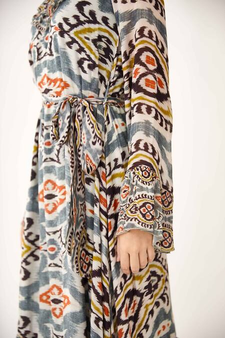 Buy_Koai_Blue Chiffon Dabu V Neck Print Bell Sleeve Dress _Online_at_Aza_Fashions