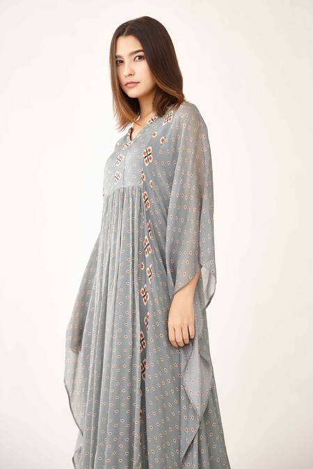 Koai_Blue Chiffon Printed Geometric V Neck Kaftan Set_Online_at_Aza_Fashions