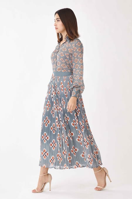 Koai_Blue Georgette Geometric Shirt Collar Print _Online_at_Aza_Fashions
