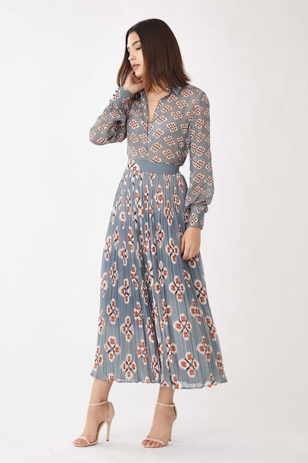 Buy_Koai_Blue Georgette Geometric Shirt Collar Print _Online_at_Aza_Fashions