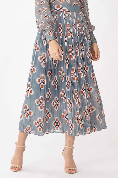 Shop_Koai_Blue Georgette Geometric Crinkled Printed Skirt _Online_at_Aza_Fashions