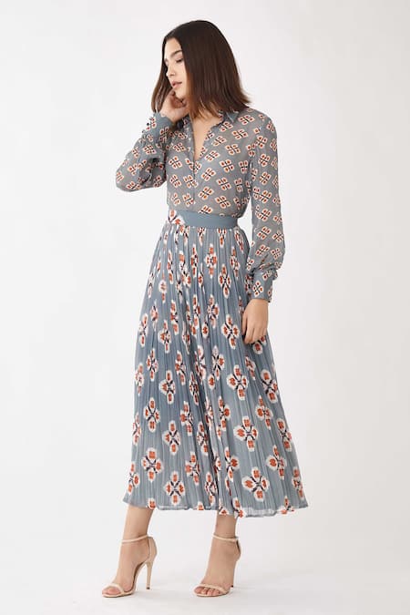 Buy_Koai_Blue Georgette Geometric Crinkled Printed Skirt _Online_at_Aza_Fashions