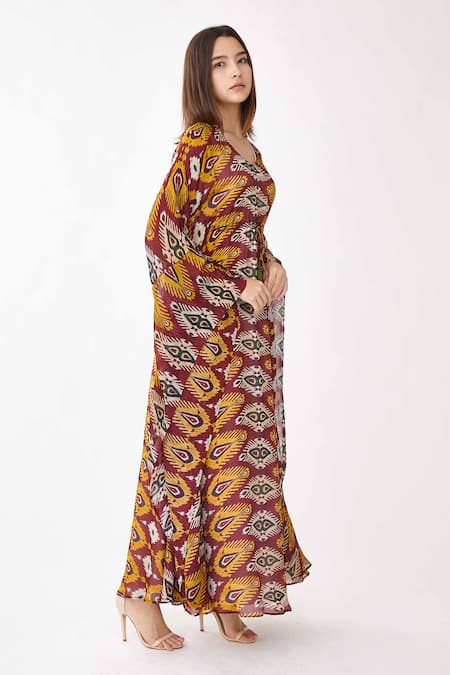 Koai_Maroon Chiffon Dabu V Neck Print Kaftan_Online_at_Aza_Fashions