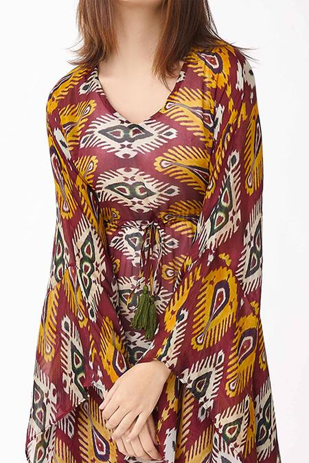 Buy_Koai_Maroon Chiffon Dabu V Neck Print Kaftan_Online_at_Aza_Fashions