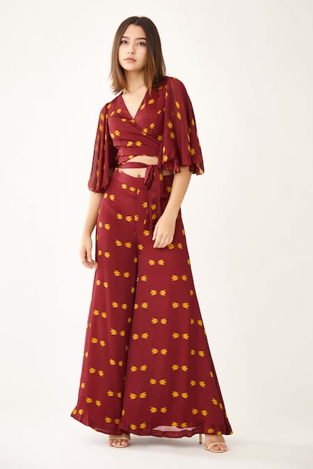 Koai_Maroon Chiffon Geometric V Neck Pattern Wrap Top_Online_at_Aza_Fashions