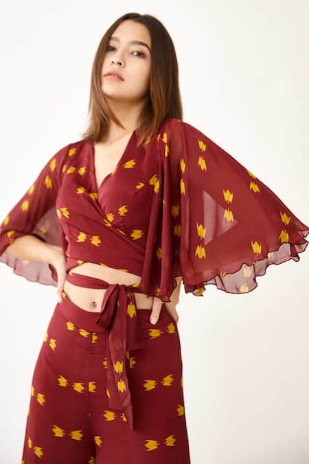 KoAi Chiffon Geometric Pattern Wrap Top 