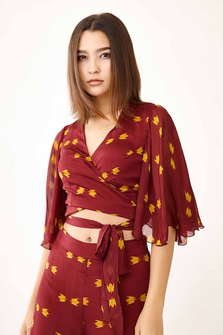 Buy_Koai_Maroon Chiffon Geometric V Neck Pattern Wrap Top_Online_at_Aza_Fashions