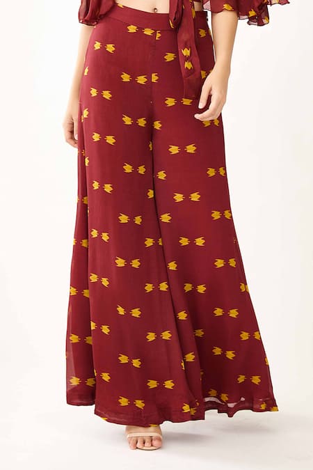 Koai Maroon Chiffon Geometric Pattern Flared Pant Online at Aza Fashions Koai_Maroon Chiffon Geometric Pattern Flared Pant_Online_at_Aza_Fashions