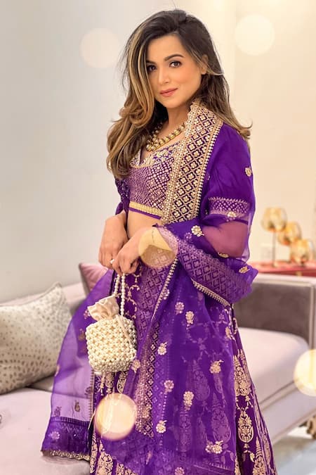 Gopi Vaid_Purple Organza, Brocade V Neck Embroidered Lehenga Set_Online_at_Aza_Fashions