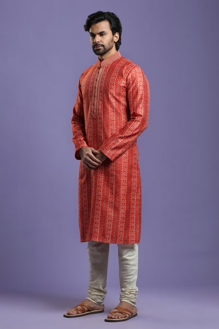 Buy_Kora By Nilesh Mitesh_Red Blend, Chanderi Bandhani Print Kurta Set_Online_at_Aza_Fashions