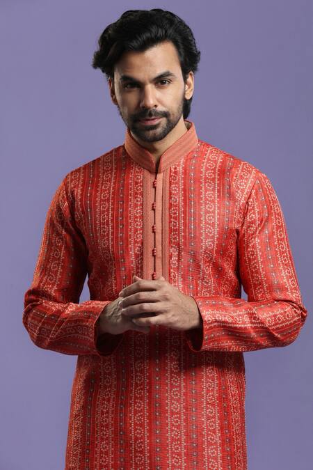 Shop_Kora By Nilesh Mitesh_Red Blend, Chanderi Bandhani Print Kurta Set_Online_at_Aza_Fashions