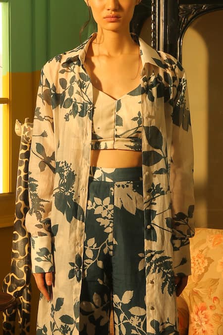 Koai_White Chanderi Open Floral Print Jacket _Online_at_Aza_Fashions