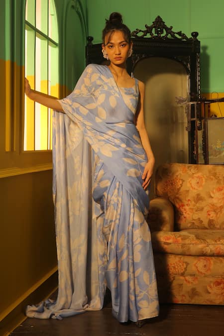 KoAi Blue Silk Floral Print Saree 