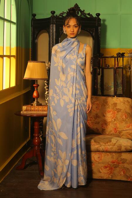 Buy_Koai_Blue Silk Floral Print Saree _Online_at_Aza_Fashions