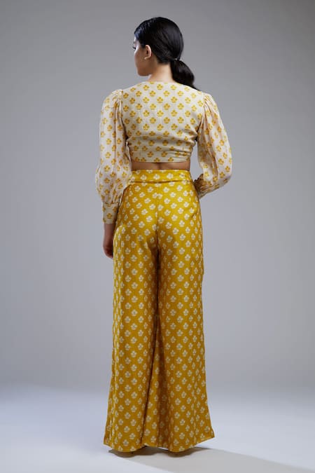 Shop_Koai_Yellow Chanderi Silk Printed Palazzo For Kids_at_Aza_Fashions