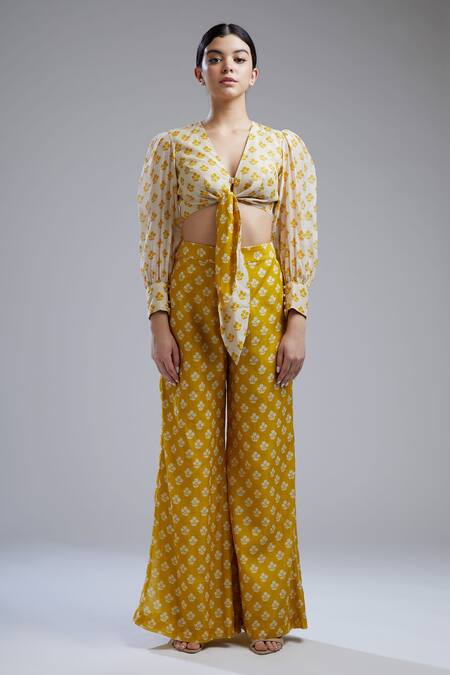Shop_Koai_Yellow Chanderi Silk Printed Palazzo For Kids_Online_at_Aza_Fashions