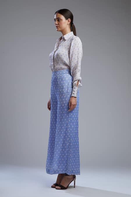 Koai_White Satin Silk Straight Collar Printed Shirt_Online_at_Aza_Fashions