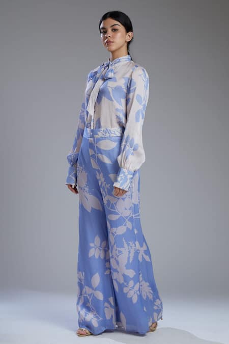 Koai_White Satin Silk Band Collar Printed Shirt _Online_at_Aza_Fashions