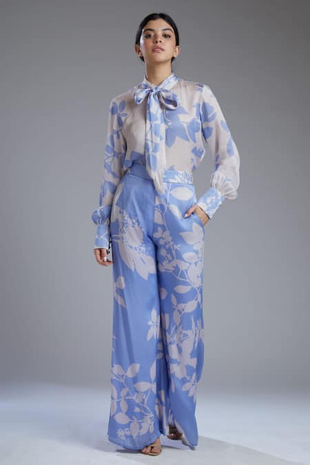 Shop_Koai_White Satin Silk Band Collar Printed Shirt _Online_at_Aza_Fashions