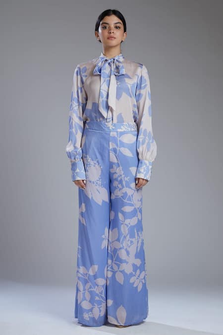 Koai_White Satin Silk Band Collar Printed Shirt _at_Aza_Fashions