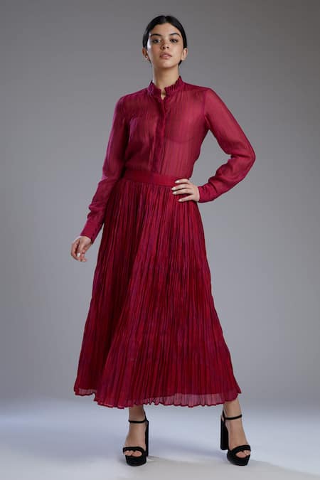 Buy Koai Maroon Chanderi Silk Band Collar Printed Shirt Online at Aza Fashions Buy_Koai_Maroon Chanderi Silk Band Collar Printed Shirt _Online_at_Aza_Fashions