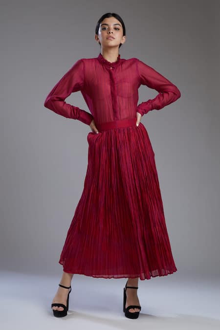 Shop Koai Maroon Chanderi Silk Band Collar Printed Shirt Online at Aza Fashions Shop_Koai_Maroon Chanderi Silk Band Collar Printed Shirt _Online_at_Aza_Fashions