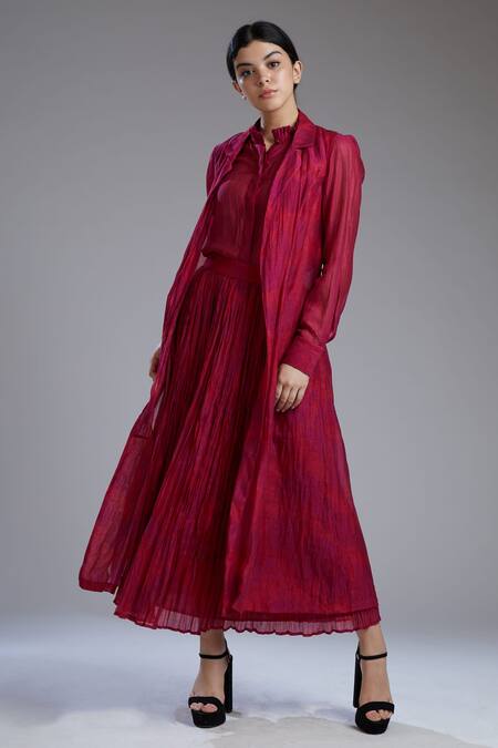 Koai_Maroon Chanderi Silk Lapel Printed Long Jacket_Online_at_Aza_Fashions