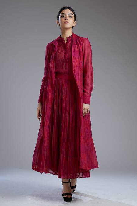 Buy_Koai_Maroon Chanderi Silk Lapel Printed Long Jacket_Online_at_Aza_Fashions