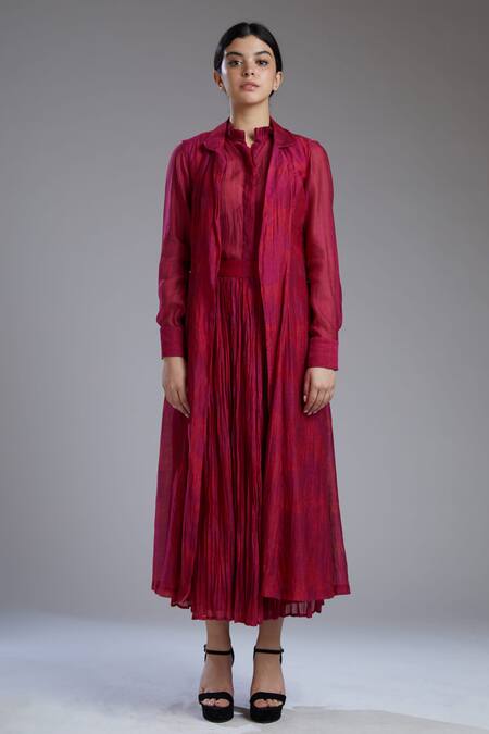 Shop_Koai_Maroon Chanderi Silk Lapel Printed Long Jacket_Online_at_Aza_Fashions