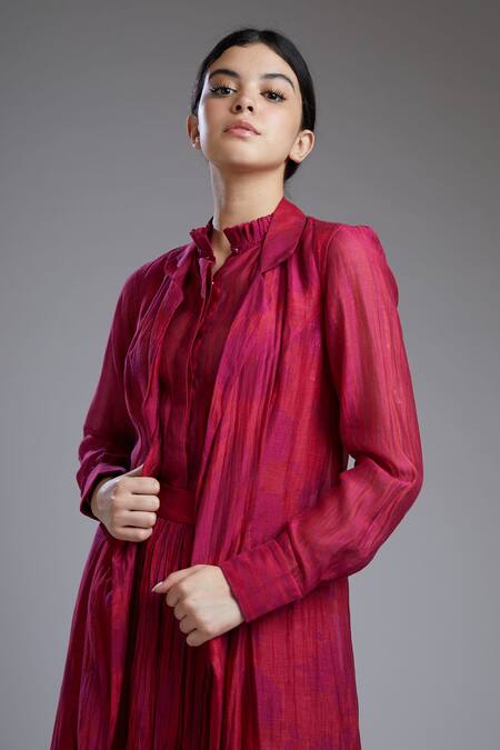 Koai_Maroon Chanderi Silk Lapel Printed Long Jacket_at_Aza_Fashions