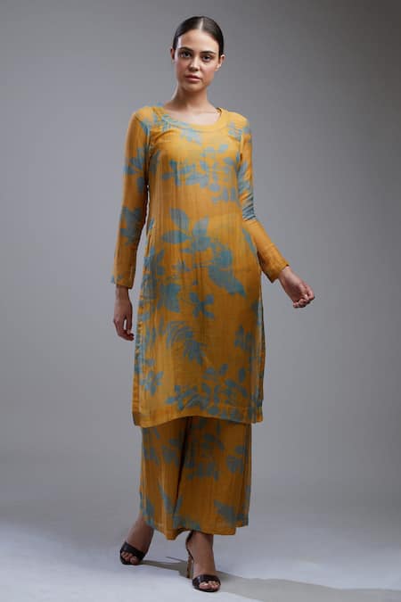 Koai_Yellow Cotton Chanderi Silk Round Printed Kurta _Online_at_Aza_Fashions