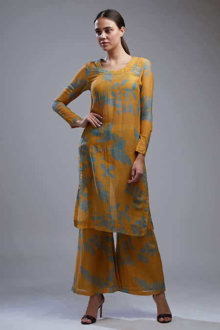 Buy_Koai_Yellow Cotton Chanderi Silk Round Printed Kurta _Online_at_Aza_Fashions
