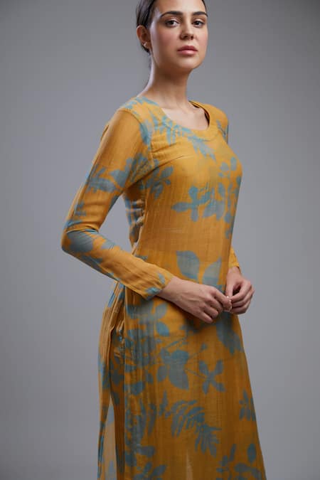 Shop_Koai_Yellow Cotton Chanderi Silk Round Printed Kurta _Online_at_Aza_Fashions