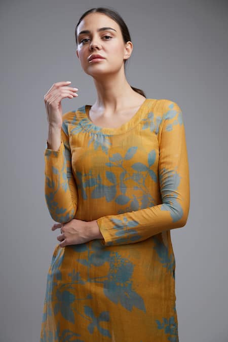 Koai_Yellow Cotton Chanderi Silk Round Printed Kurta _at_Aza_Fashions