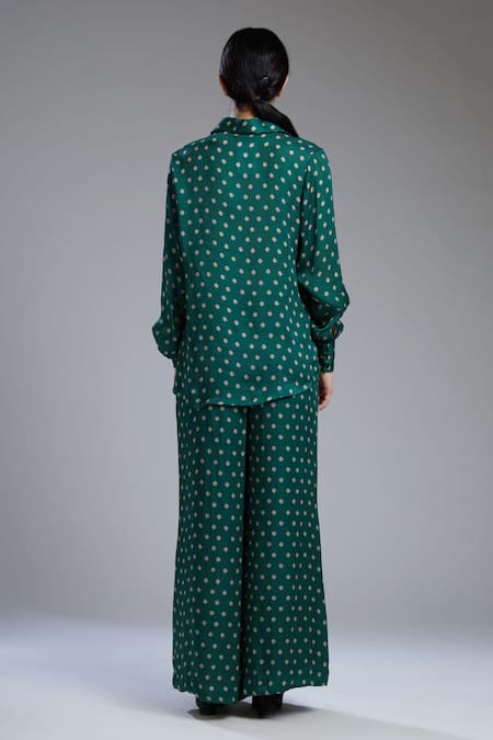 Shop Koai Green Silk Straight Collar Printed Shirt at Aza Fashions Shop_Koai_Green Silk Straight Collar Printed Shirt_at_Aza_Fashions